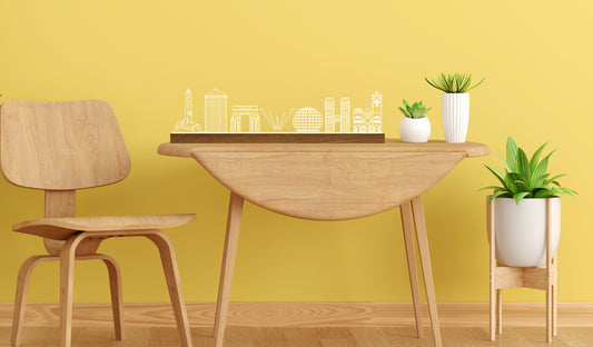 Lampada skyline di Genova UrbanGlow in plexiglass e legno con LED dimmerabile